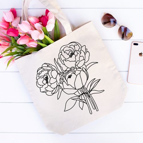 DIY Flower Canvas Tote with Peony Bouquet SVG File in Black HTV Iron On Vinyl and Pink Flowers and Sunglasses