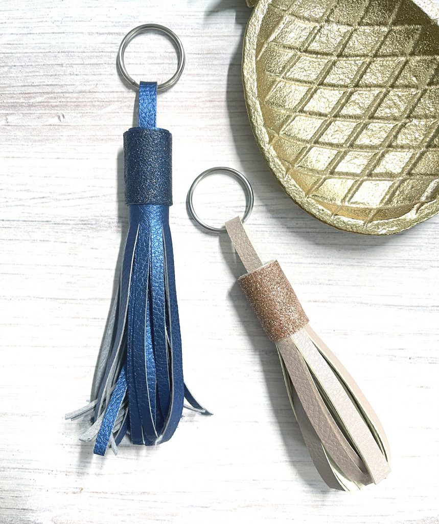 DIY Leather Tassels with FREE SVG in Blue and Champagne Faux Leather