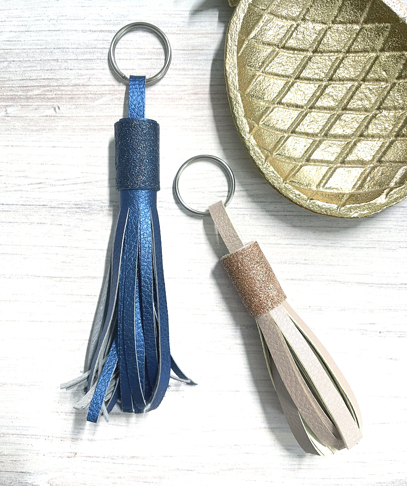 DIY Leather Tassels with FREE SVG in Blue and Champagne Faux Leather