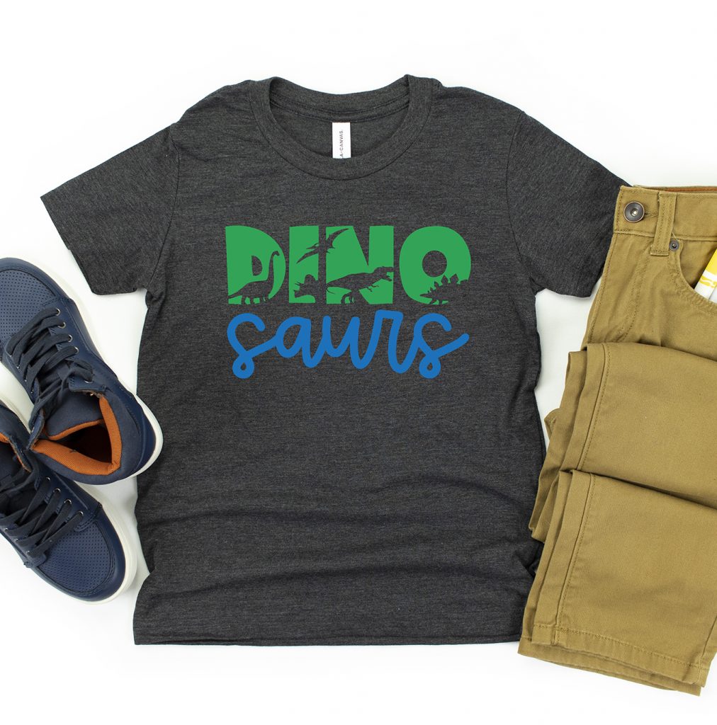 Free Dinosaur SVG on Gray Shirt with Green and Blue Cricut Iron On Vinyl