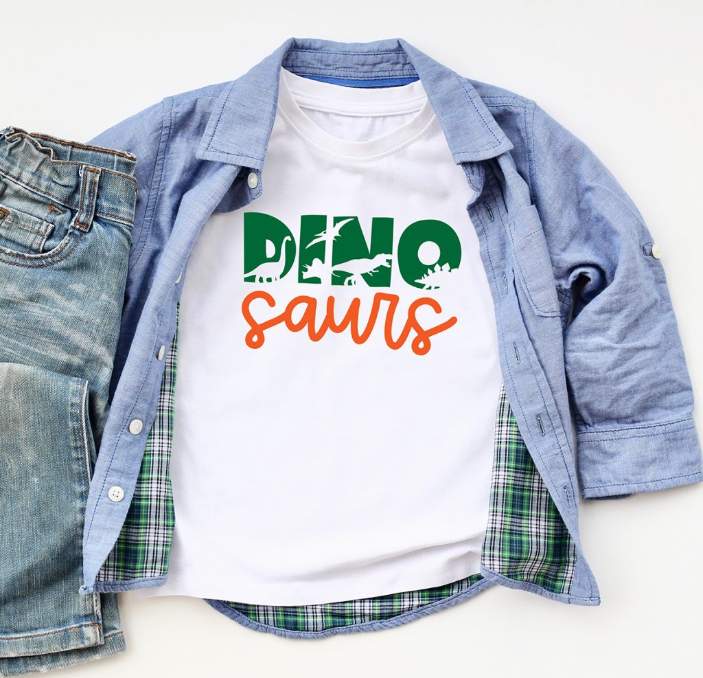 Free Dinosaur SVG on White Shirt with Green and Orange Cricut Iron On Vinyl