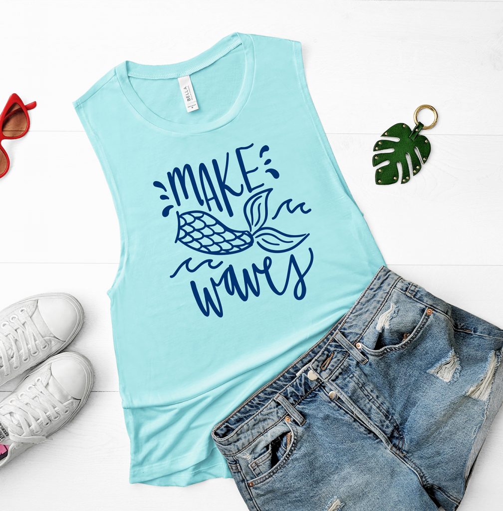 Free Make Waves Mermaid SVG on Light Blue Tank Top