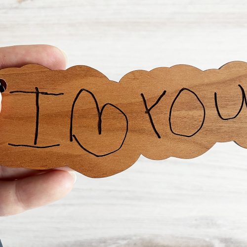DIY Laser Cut Wood Keychain with I Love You in Toddler Handwriting Made with Glowforge