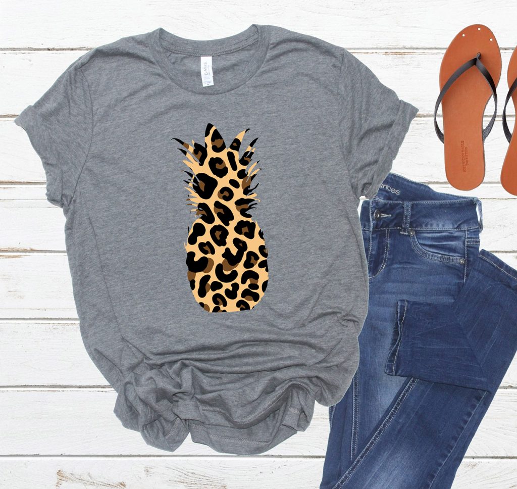Leopard Print Pineapple on Gray Shirt made with Free Animal Print SVG Files and cut from iron on vinyl on Cricut