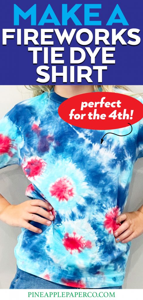 how to make a red white and blue sunburst tie dye shirt to look like fireworks with finished shirt on girl