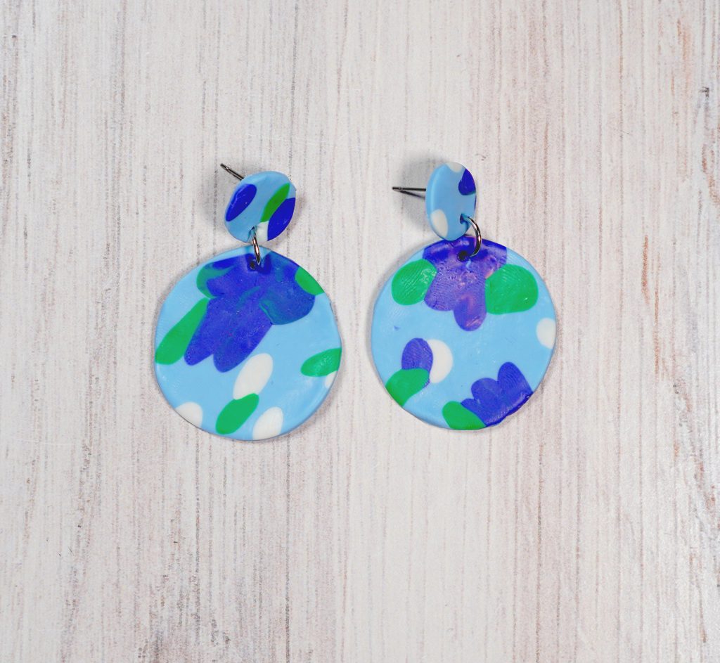 blue floral polymer clay circle earrings