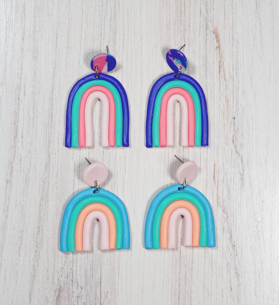 rainbow arch polymer clay earrings in jewel tones and pastels