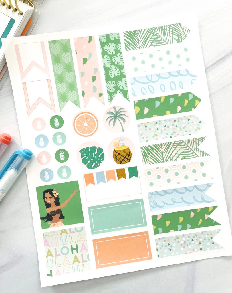 Free Printable Planner Stickers for Summer with Pens and closeup view