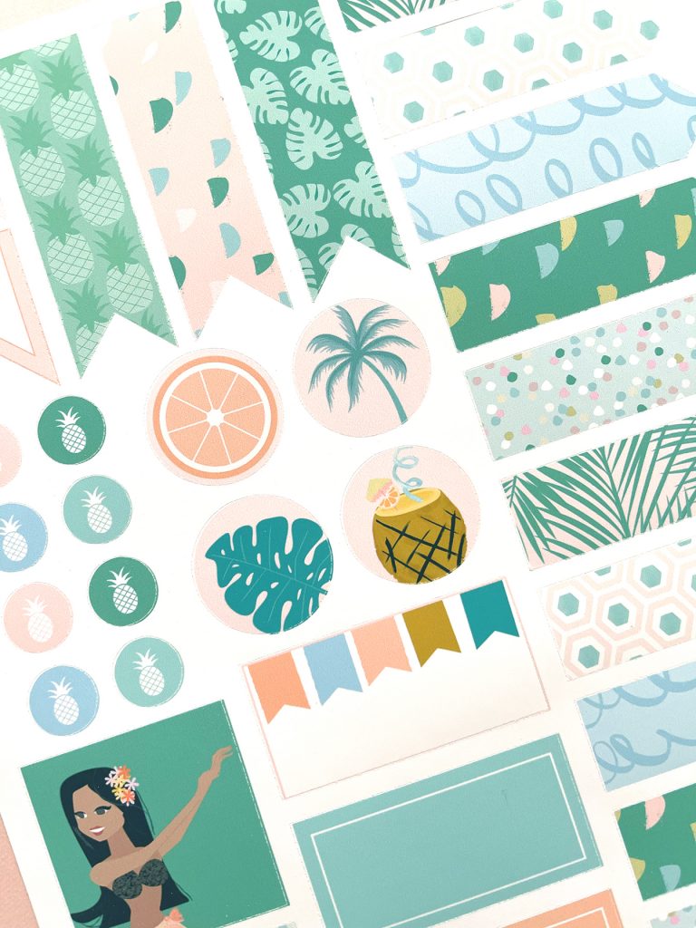 Free Printable Planner Stickers for Summer with Pens and closeup view
