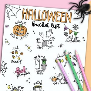 Printable Halloween Bucket List Coloring Page with Colored Pencils. Sheet Partially Colored.