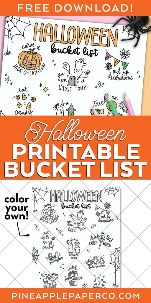 Halloween Printable Bucket List with Coloring Sheet colored in and blank version behind security grid