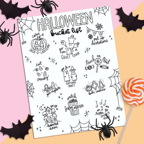 Free Printable Halloween Bucket List Coloring Sheet on Pink and Orange Background