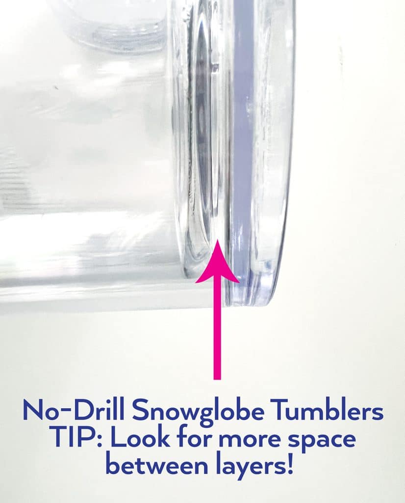 arrow pointing to double wall acrylic tumbler for no drill snow globe tumbler tip