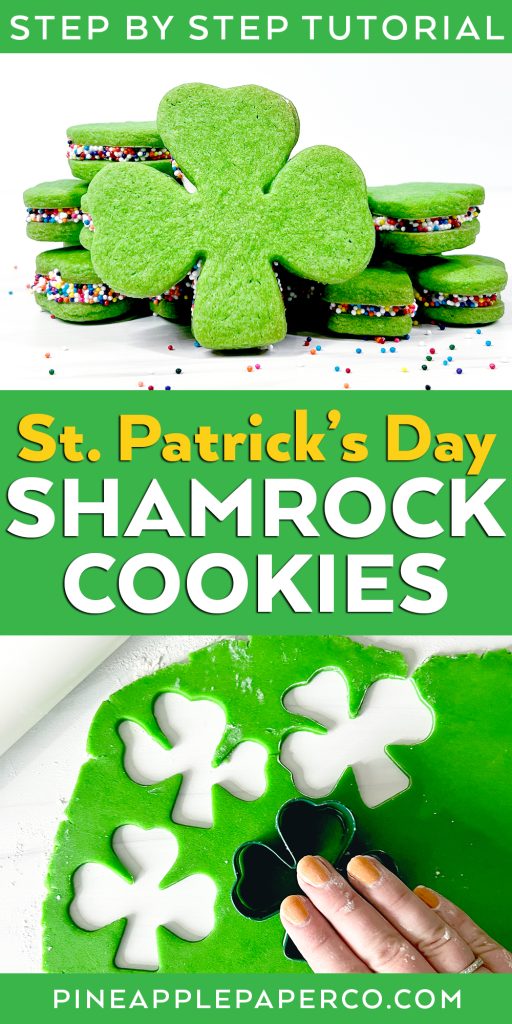 shamrock cookies with rainbow sprinkles with green cookie dough rolled out