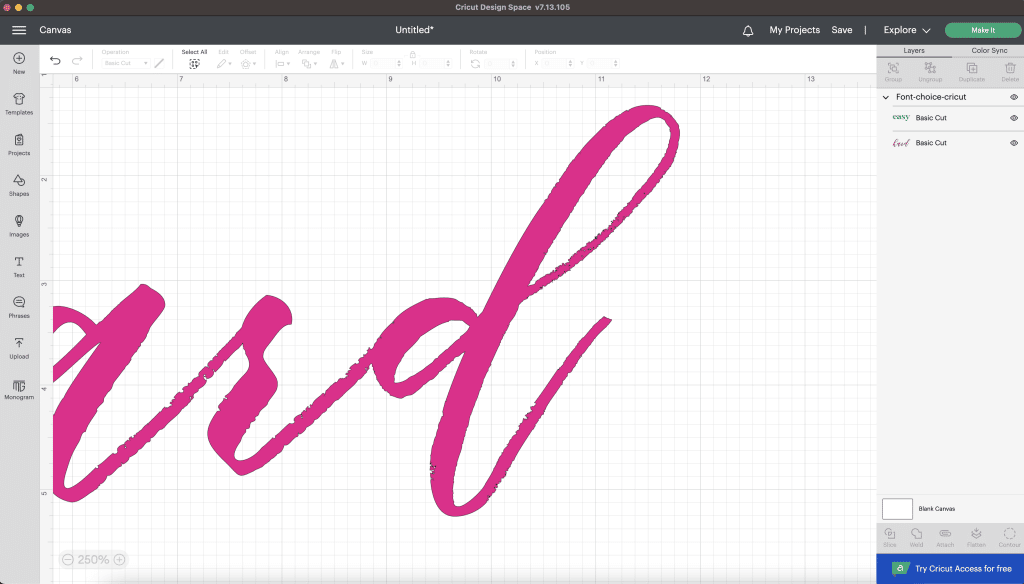 close of difficult font to cut in cricut design space