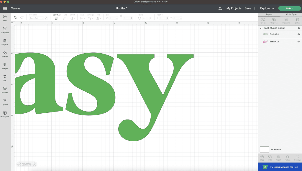 close up of easy font to cut in cricut design space