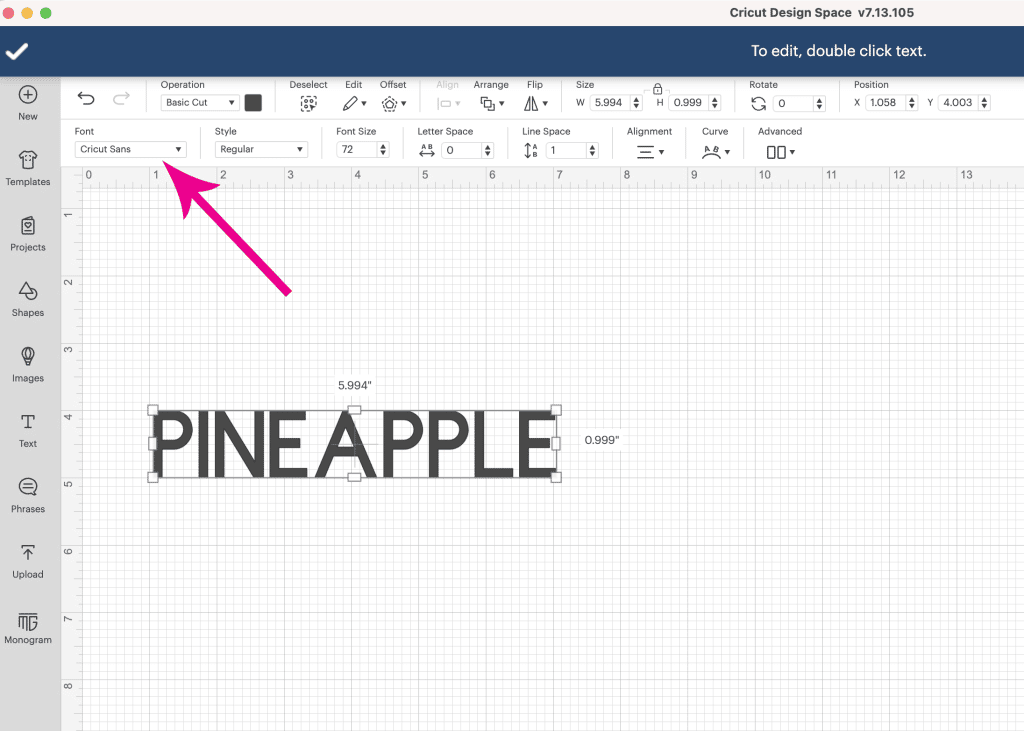 arrow pointing to font dropdown menu in cricut design space