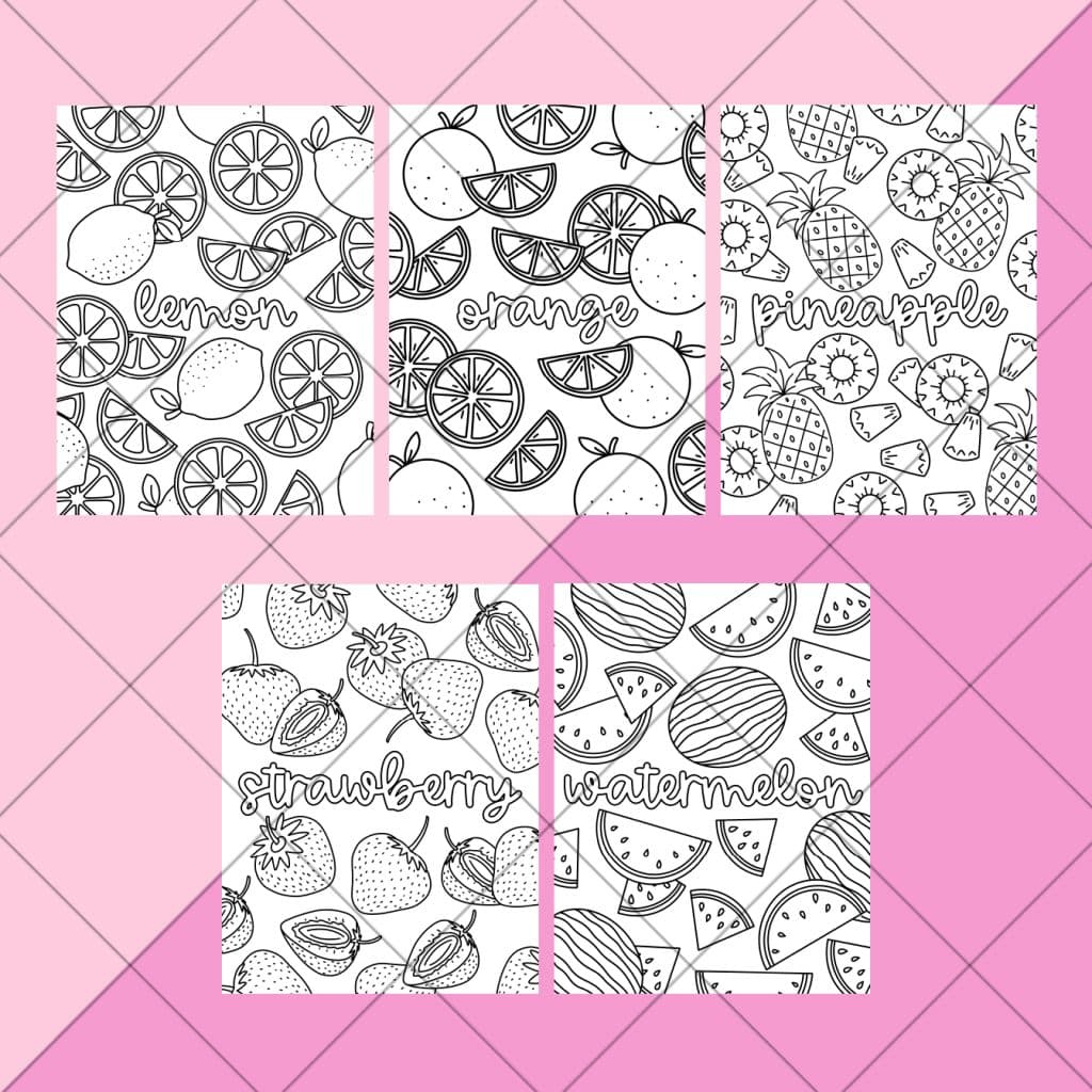 free fruit coloring pages on pink background