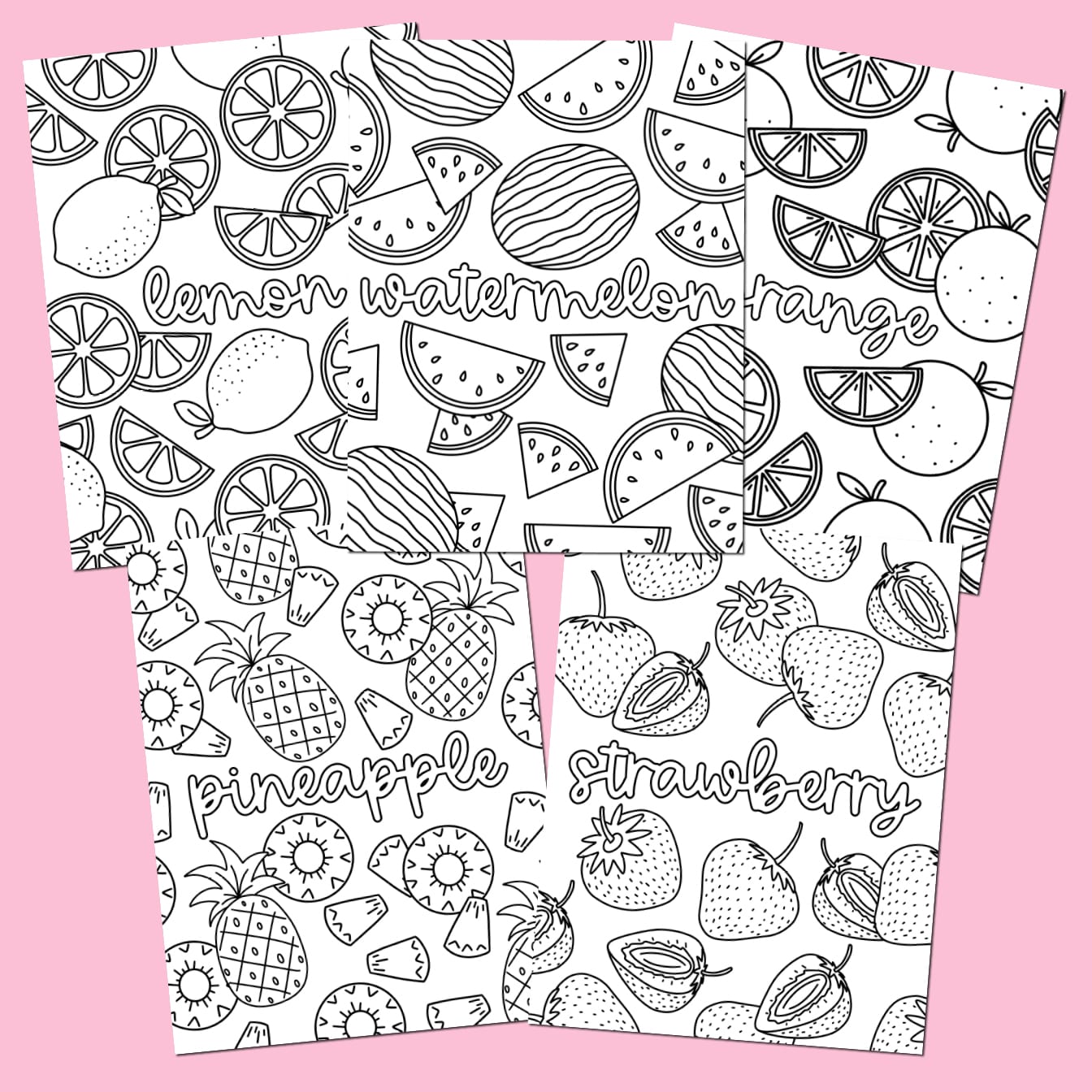 fruit coloring pages to download for free on pink background
