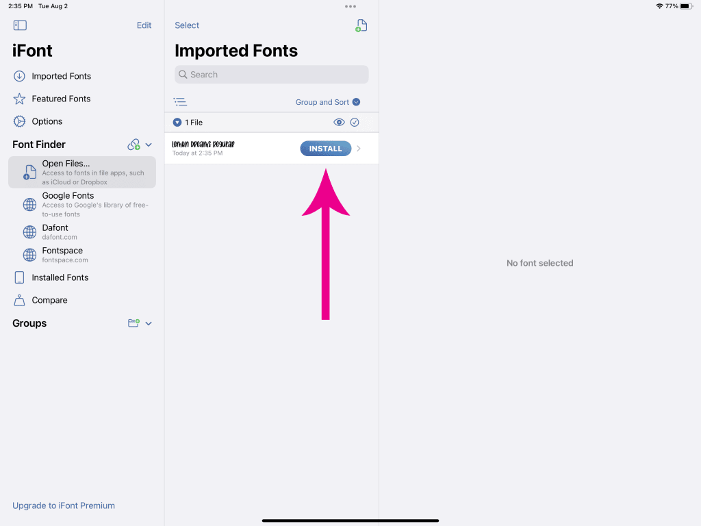 imported fonts menu for ifont app on ipad pro