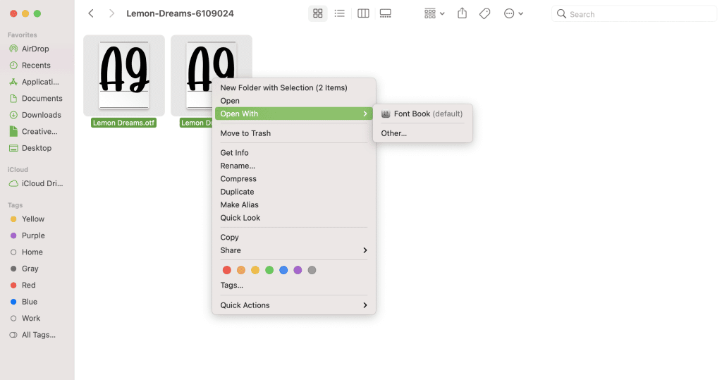menu to open font files with font book in mac os x