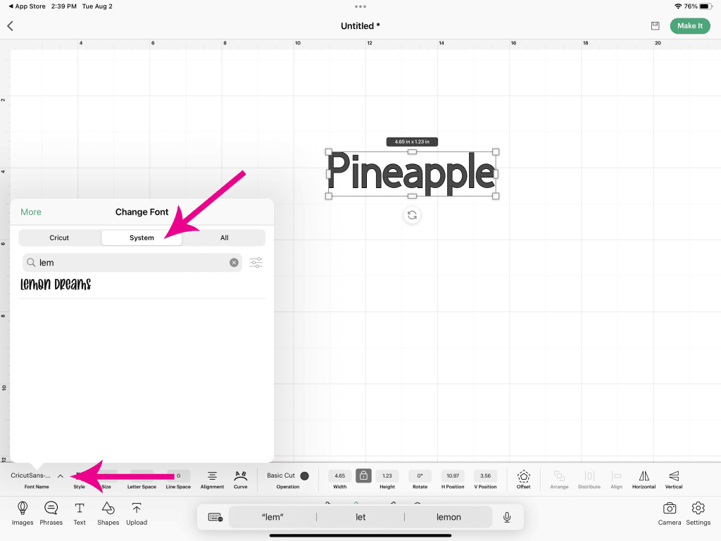 system font selection in cricut design space app on mobile device