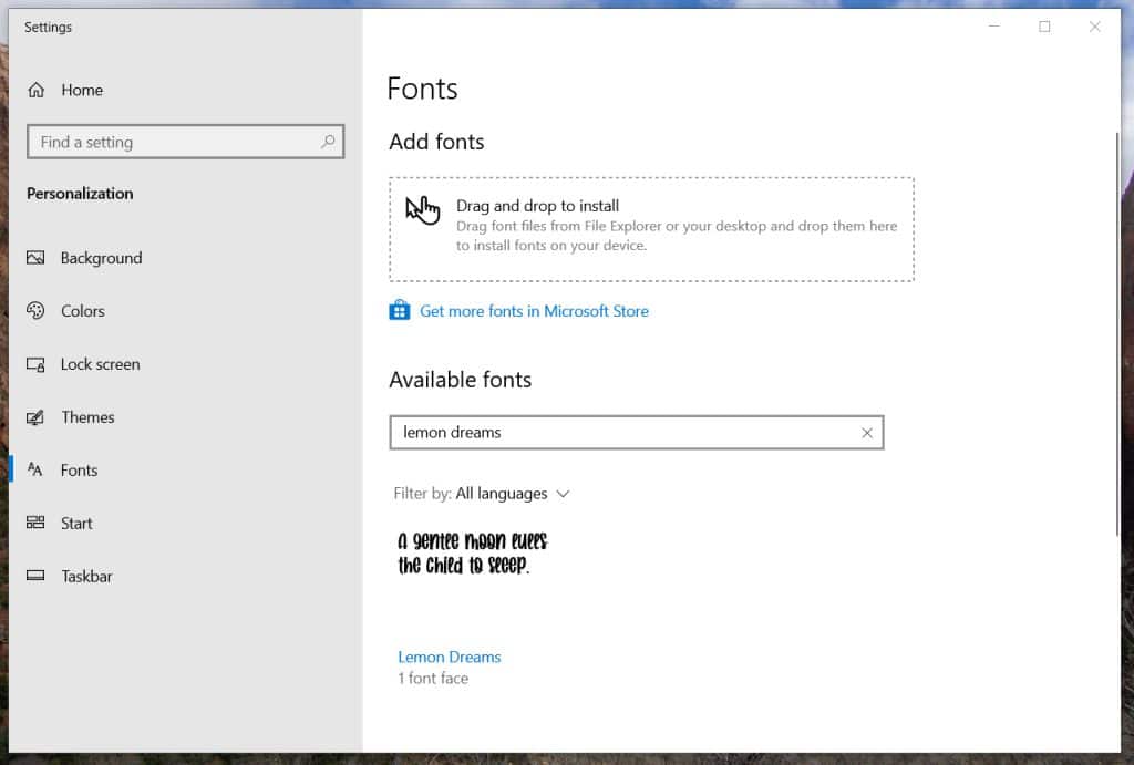 installed font in font settings on windows pc