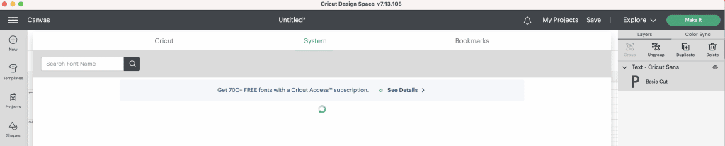 expanded font menu to select system fonts in cricut design space