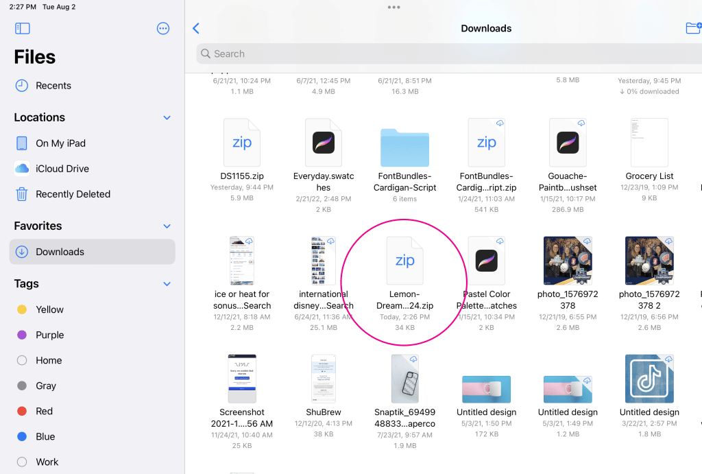 zip file of fonts in ipad downloads folder