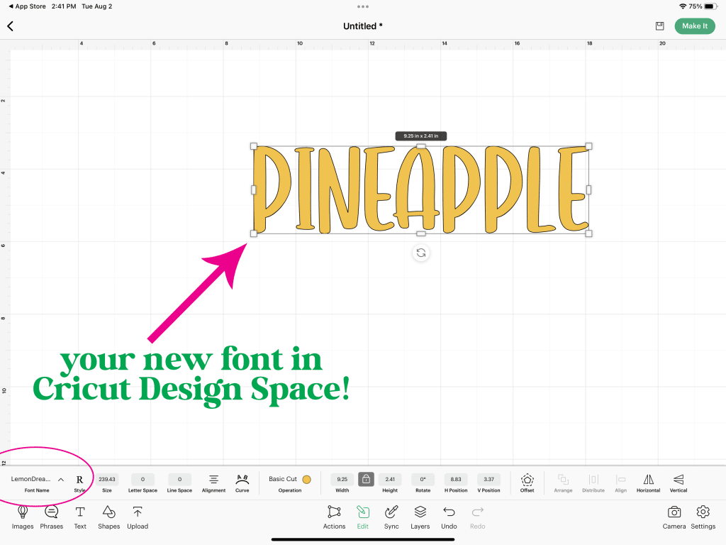 new downloaded font uploaded to cricut design space and used in system fonts.