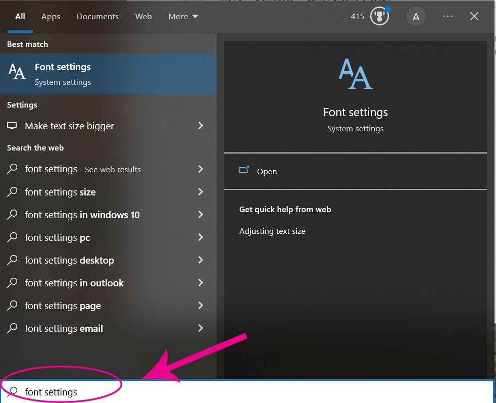font settings window on windows pc