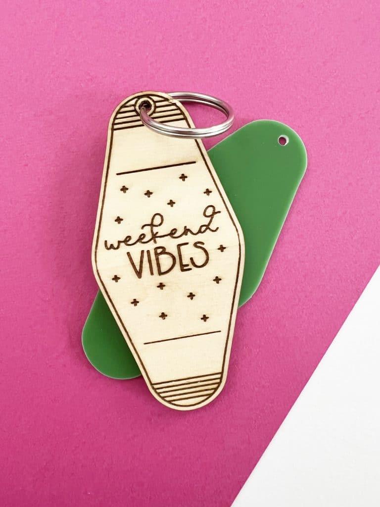 weekend vibes basswood laser cut motel keychain made with xtool m1 10w