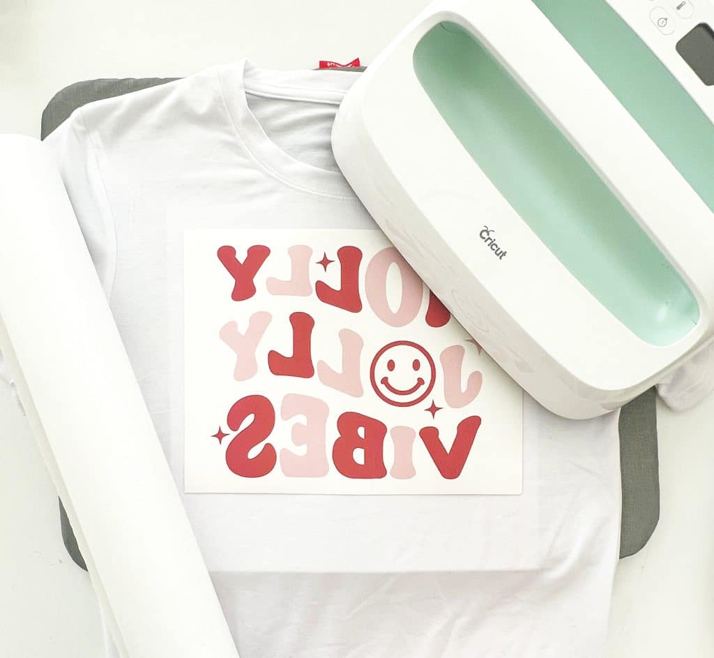 sublimation retro christmas shirt showing set up with cricut easy press