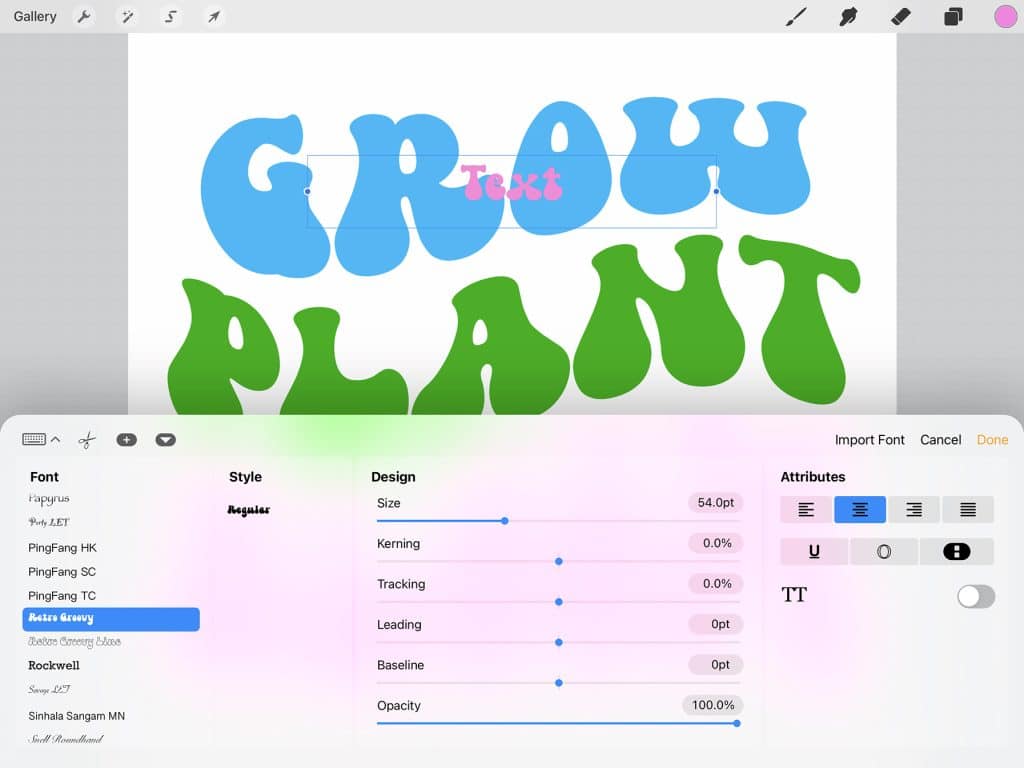 text tool panel in ipad procreate app