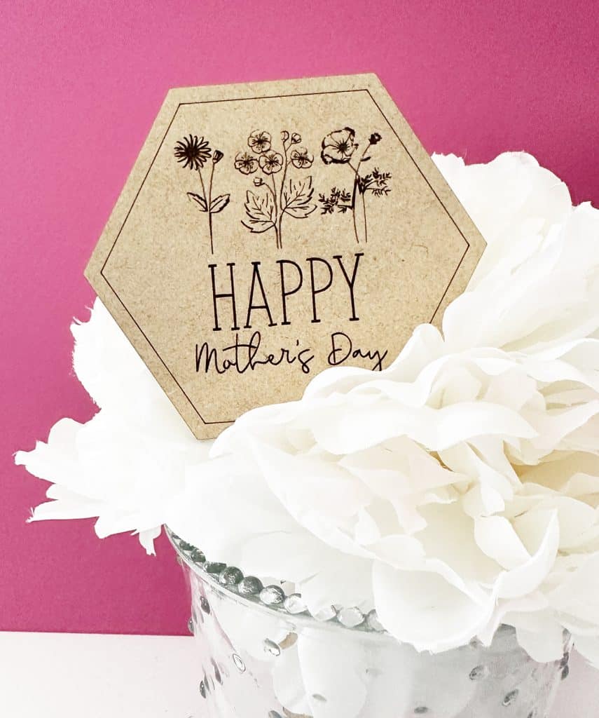 laser cut plant stake with birth month flowers in white peonies