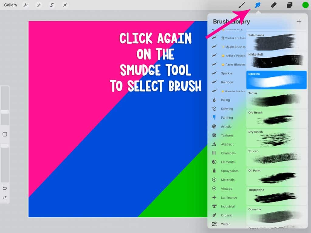 smudge tool brush selection in procreate app