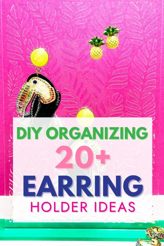diy organizing 20+ earring holder ideas with acrylic earring stand in back with toucan earrings
