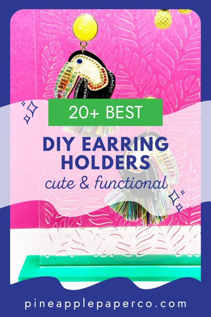 20+ diy earring holder ideas with acrylic earring stand and toucan earrings in background