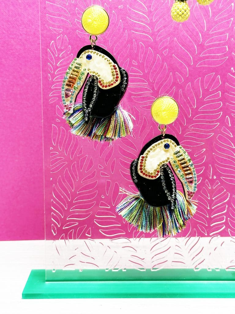 diy acrylic laser cut earring stand with toucan earrings