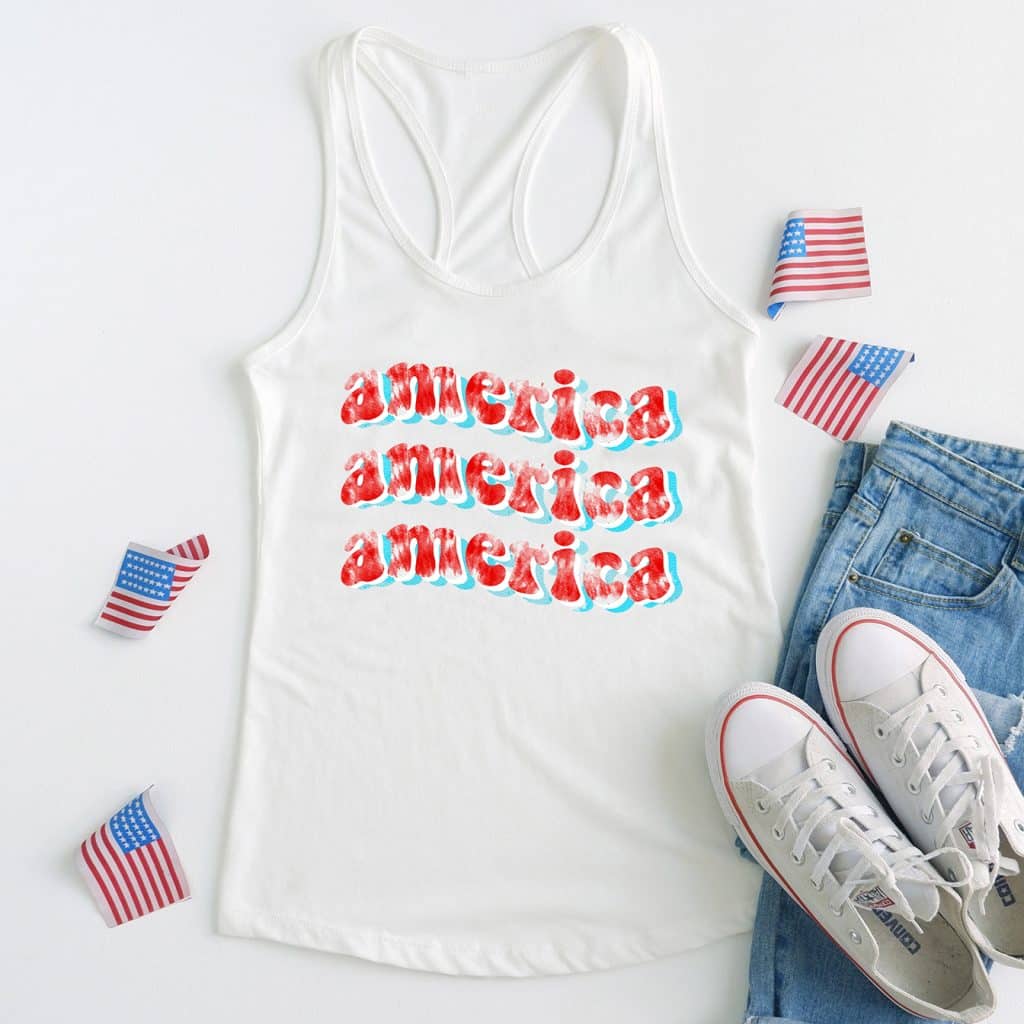 retro america tie dye 4th of july sublimation design on white tank top