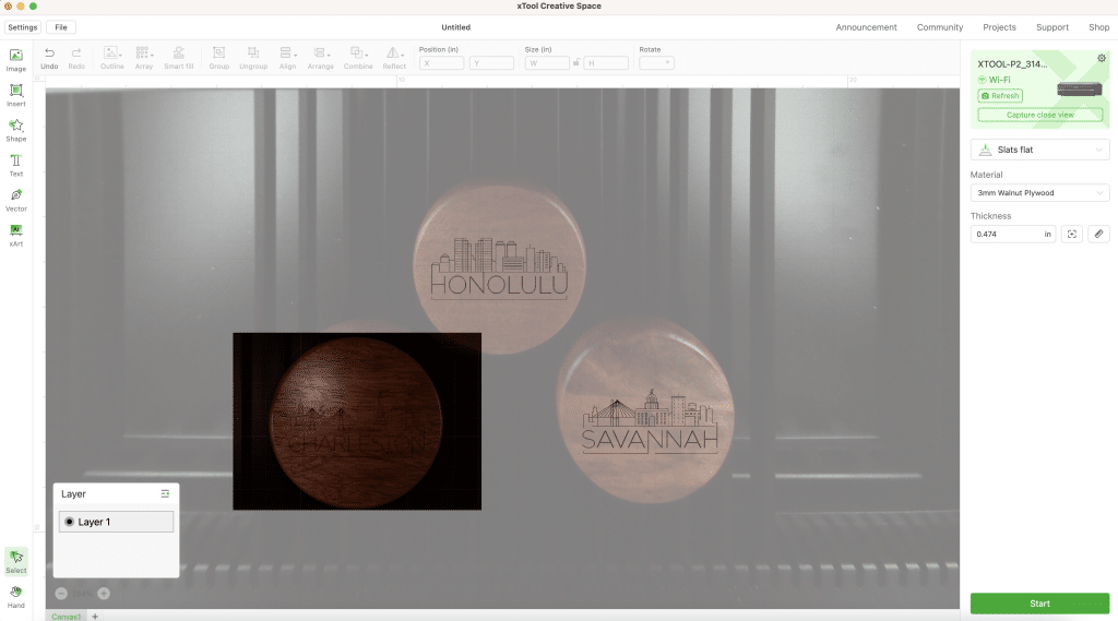 close up camera viewing a coaster to engrave on xtool p2