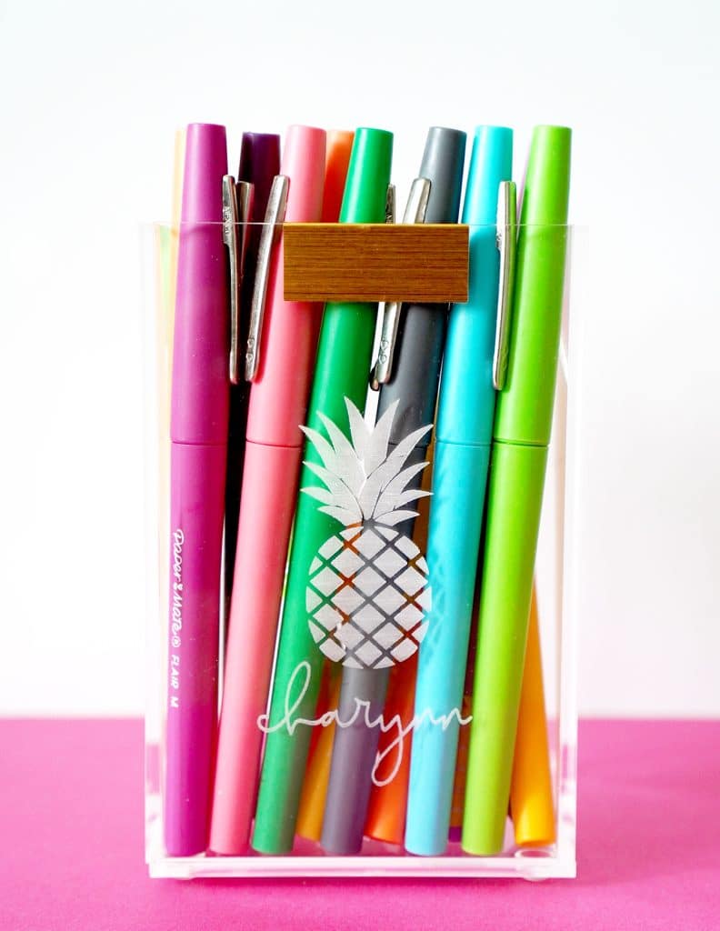 acrylic pen holder engraved with the xtool p2 laser