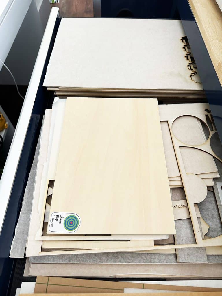 laser materials in drawer of husky toolbench