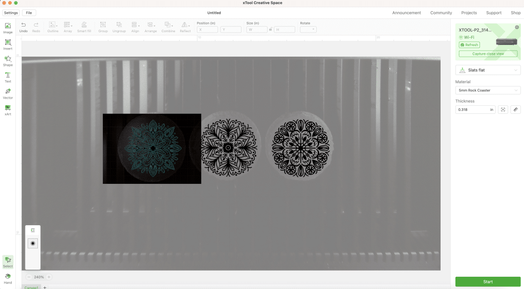 screenshot of xtool creative space to engrave slate coasters
