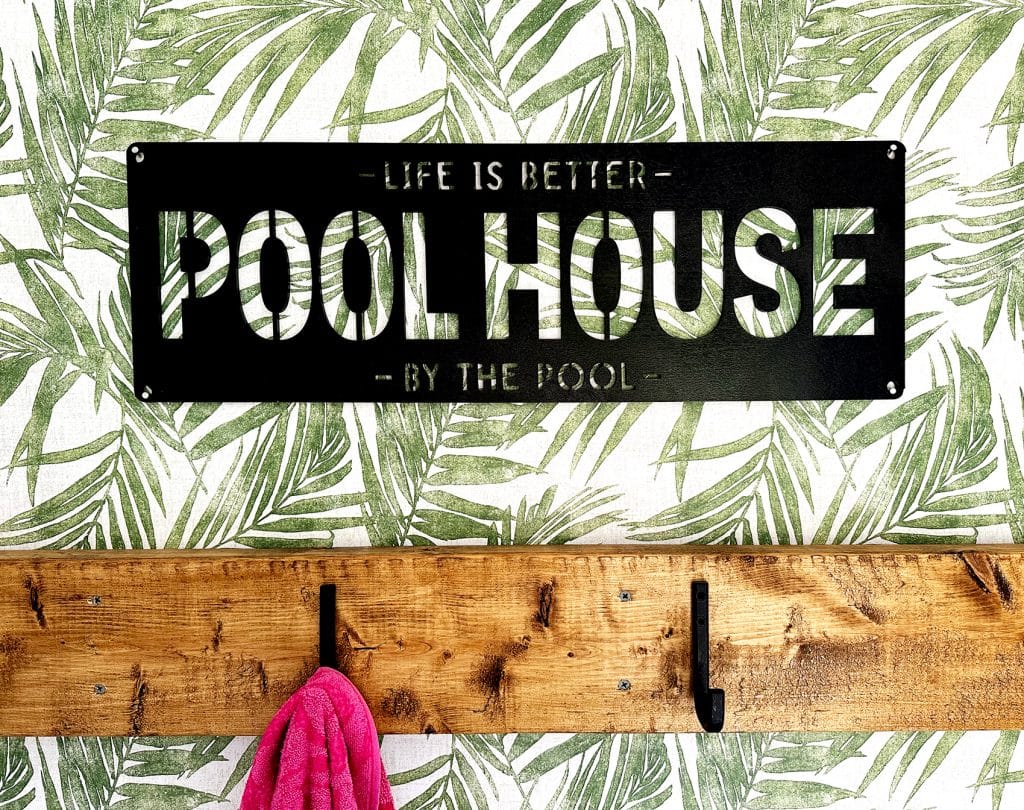 pool house wood sign made with xtool p2 and automatic conveyor feeder accessory