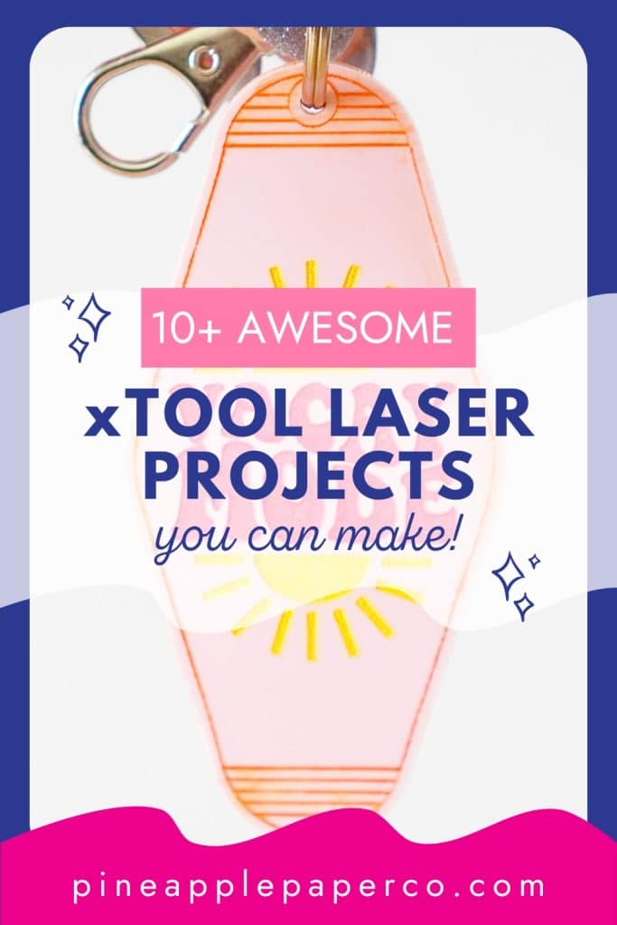 xtool projects for the p2 laser machine with acrylic retro motel keychain in background