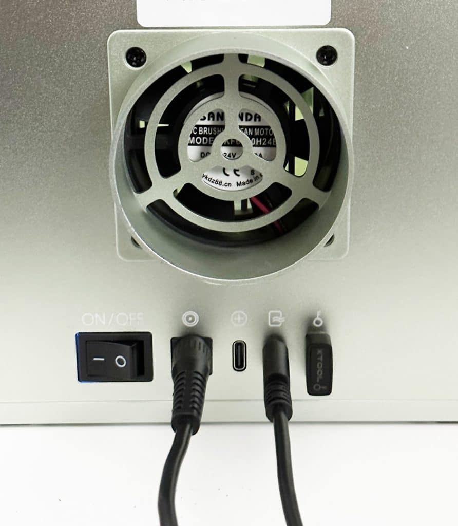 fan and power supply outlets on back of xtool f1 laser machine