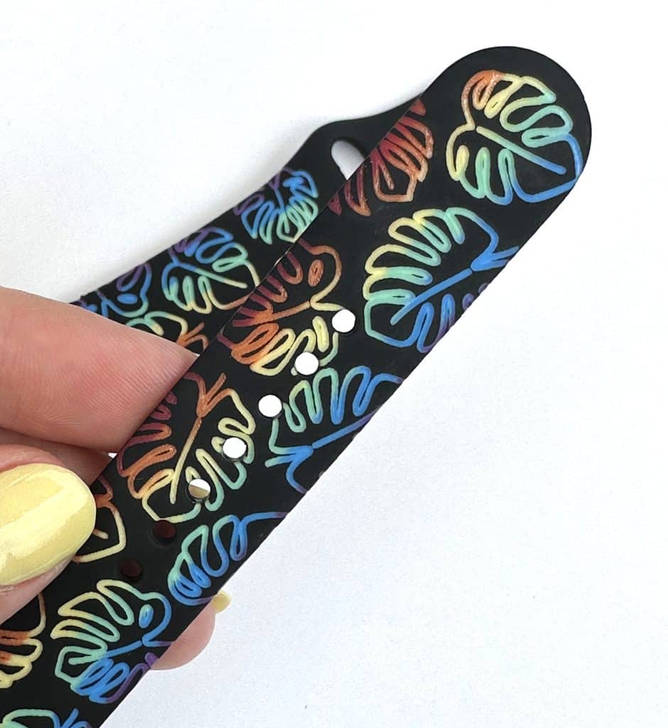 rainbow monstera leaf watch band engraved with xtool f1 diode and infrared laser