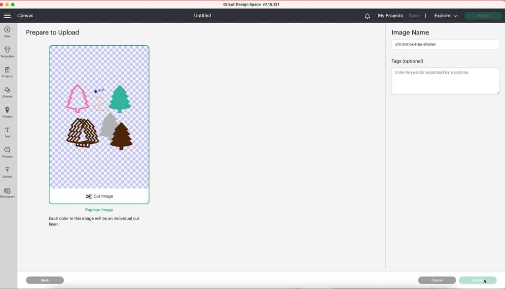 upload shaker christmas ornament svg into cricut design space