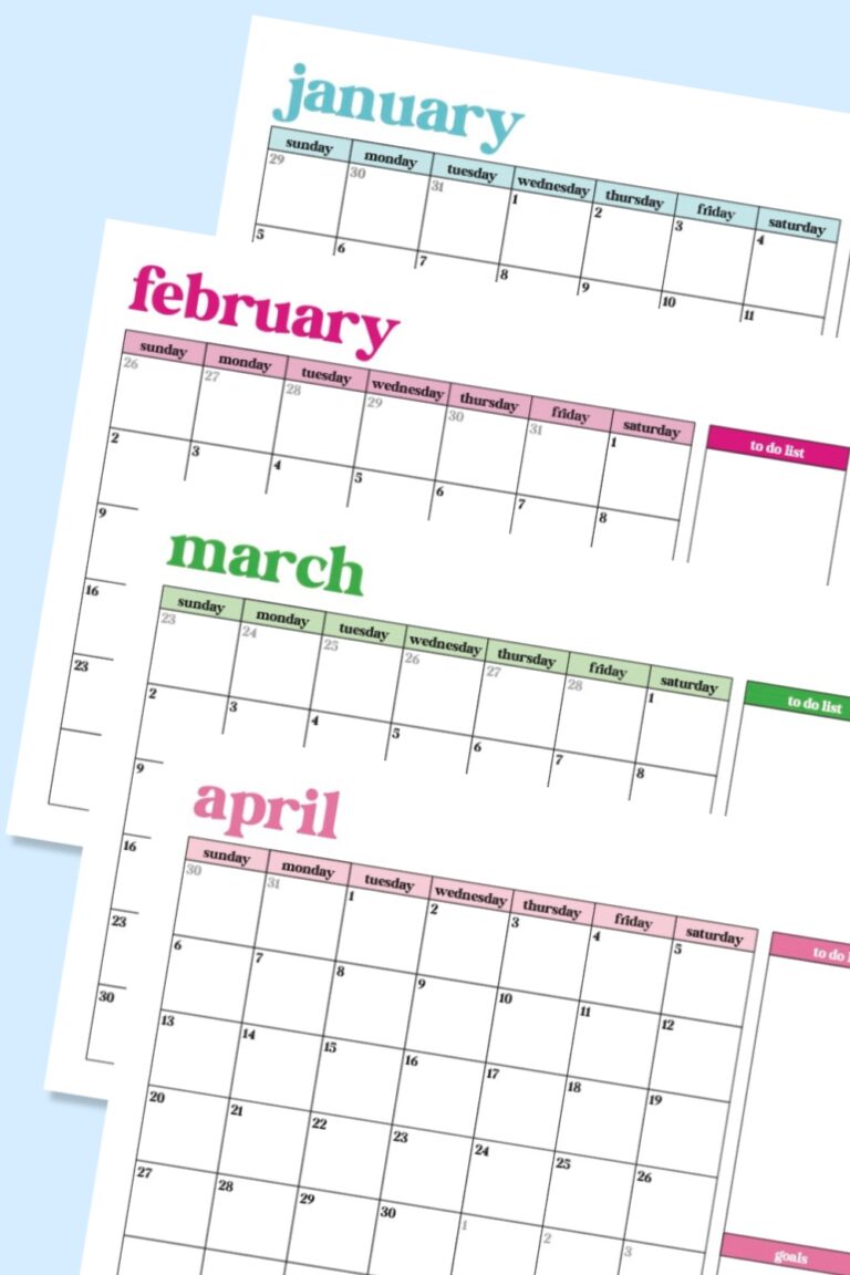 january, february, march, and april free monthly calendar printble on light blue background